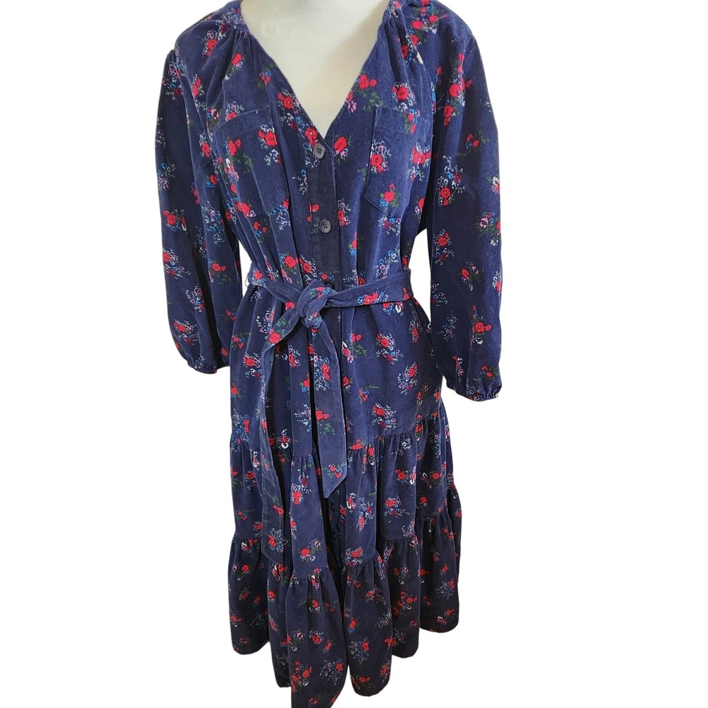 Vermont Country Store Corduroy Blue Floral Dress Size 1X Farmhouse Cottagecore